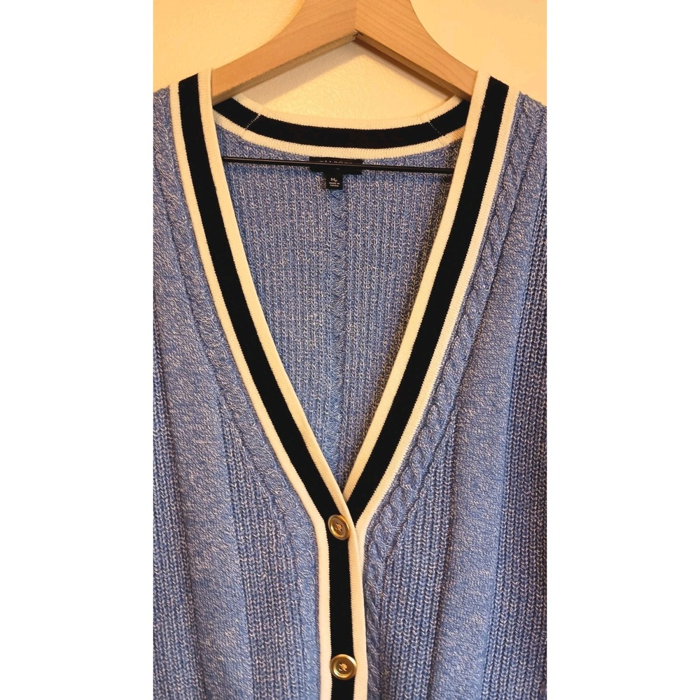 Talbots Petite MP Blue Cable Knit Cardigan Sweater Longline Contrast Trim Preppy - Picture 3 of 10
